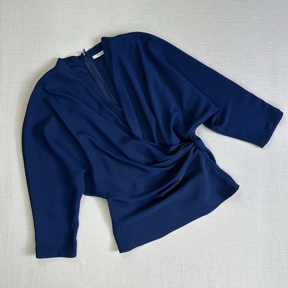 MM LaFleur Deneuve Faux Wrap Blouse Top Women 2 Blue Career Business Office